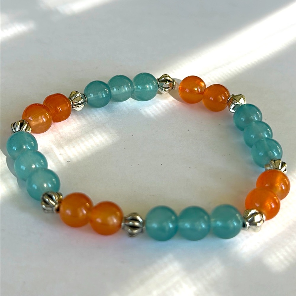 New Unisex Handmade Beaded Sports Bracelet in Light Blue, Orange & Silver